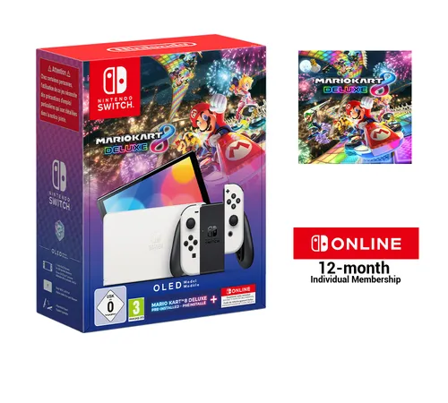 Nintendo Switch OLED + Mario Kart 8 Deluxe + Switch Online 12 Months draagbare game console 17,8 cm (7") 64 GB Touchscreen Wifi Wit