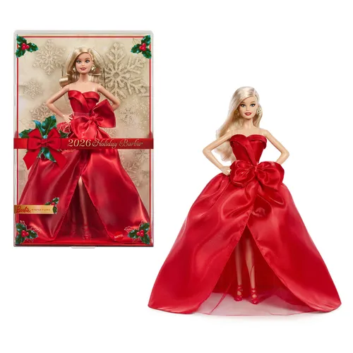 Barbie Signature 2026 Holiday modepop, seizoensgebonden verzamelpop, blond haar met een rode avondjurk met strik