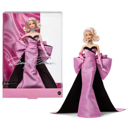 Barbie Signature Marilyn Monroe Verzamelpop, gekleed in haar iconische roze jurk uit de film, compleet met diamanten sieraden.