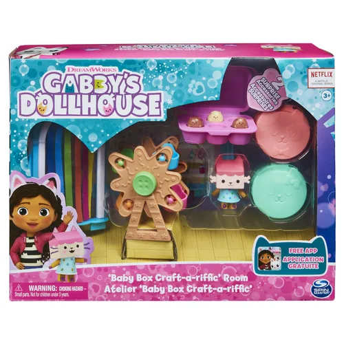 Gabby's Dollhouse , Sala de Baby Box Craft-a-riffic con la figura del gato Bebé Caja, accesorios, muebles y cajas sorpresa, juguetes para niños a partir de 3 años