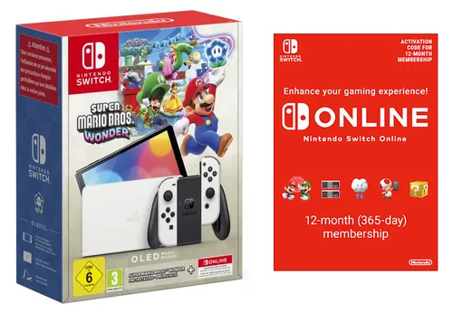 Nintendo Switch OLED (White) + Super Mario Bros. Wonder + Online Individual 12-Month draagbare game console 17,8 cm (7") 64 GB Touchscreen Wifi Wit