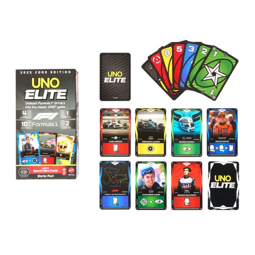 Mattel Games UNO Elite Formula 1 2025 Core Edition Starter Pack Card Game with 4 Game Booster Packs & 2 Promo Cards