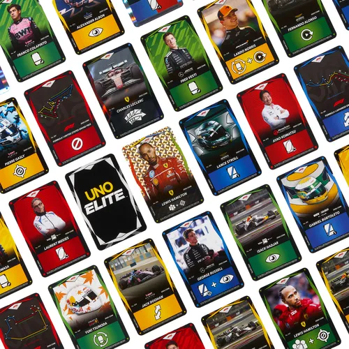 Mattel Games UNO Elite Formula 1 2025 Core Edition Starter Pack Card Game with 4 Game Booster Packs & 2 Promo Cards