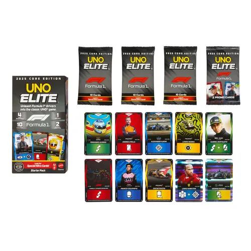 Mattel Games UNO Elite Formula 1 2025 Core Edition Starter Pack Card Game with 4 Game Booster Packs & 2 Promo Cards