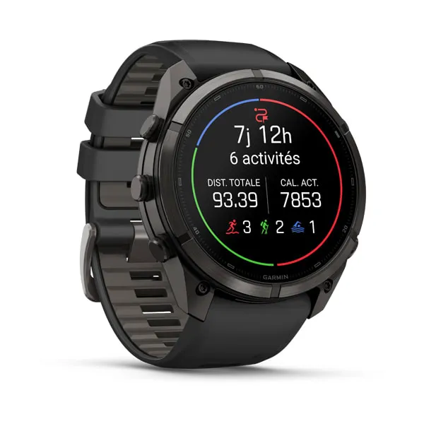 Garmin fēnix 9 Pro inReach, 51mm Titane avec revêtement Carbon Gray DLC et bracelet en silicone noir/gris galet