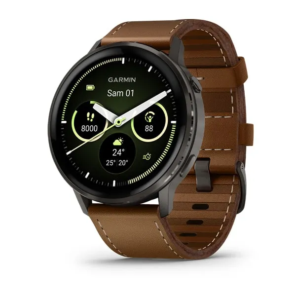 Garmin Venu 4 45 mm Gray avec bracelet en silicone noir et bracelet en cuir marron