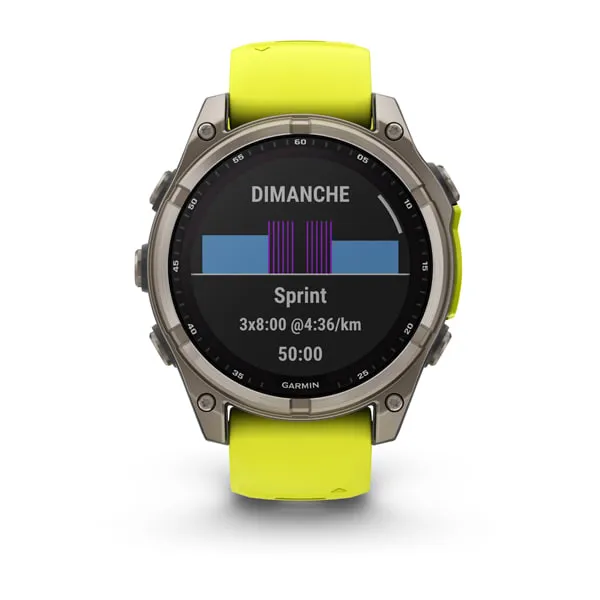 Garmin fēnix 8 47 mm, Solar, Sapphire Sapphire, Titanium avec bracelet en silicone jaune/graphite