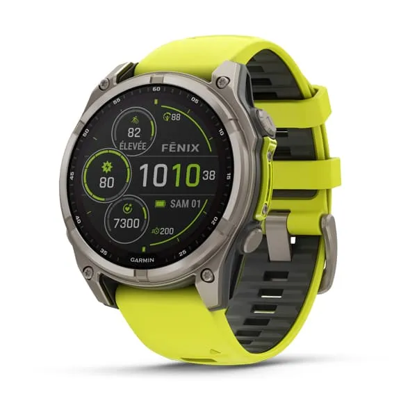 Garmin fēnix 8 47 mm, Solar, Sapphire Sapphire, Titanium avec bracelet en silicone jaune/graphite
