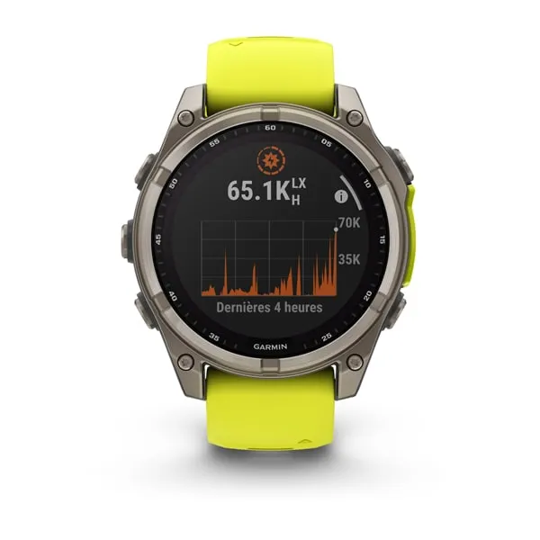 Garmin fēnix 8 47 mm, Solar, Sapphire Sapphire, Titanium avec bracelet en silicone jaune/graphite