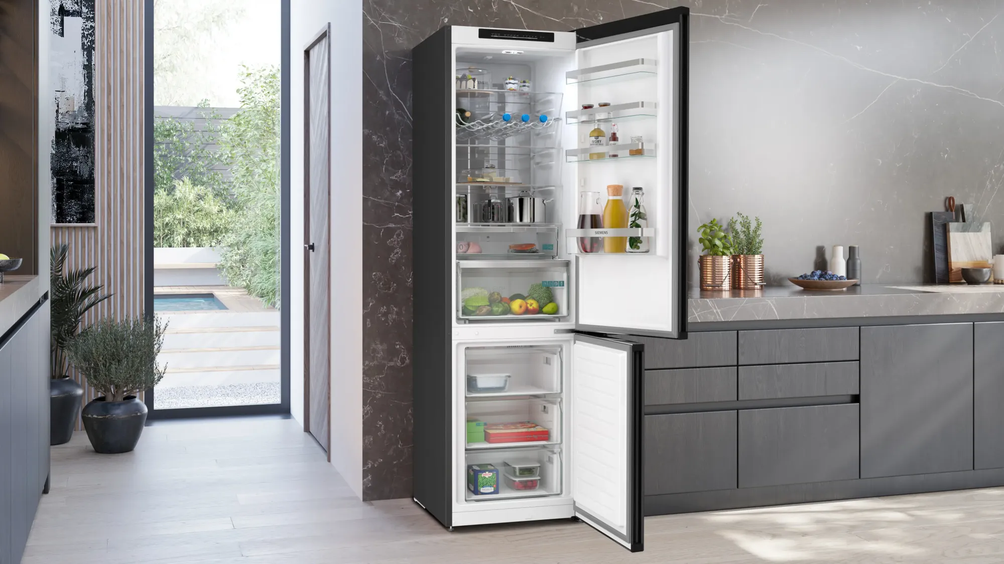 iQ300 Réfrigérateur combiné pose-libre 203 x 60 cm Acier brossé noir anti-traces KG39NVXCG