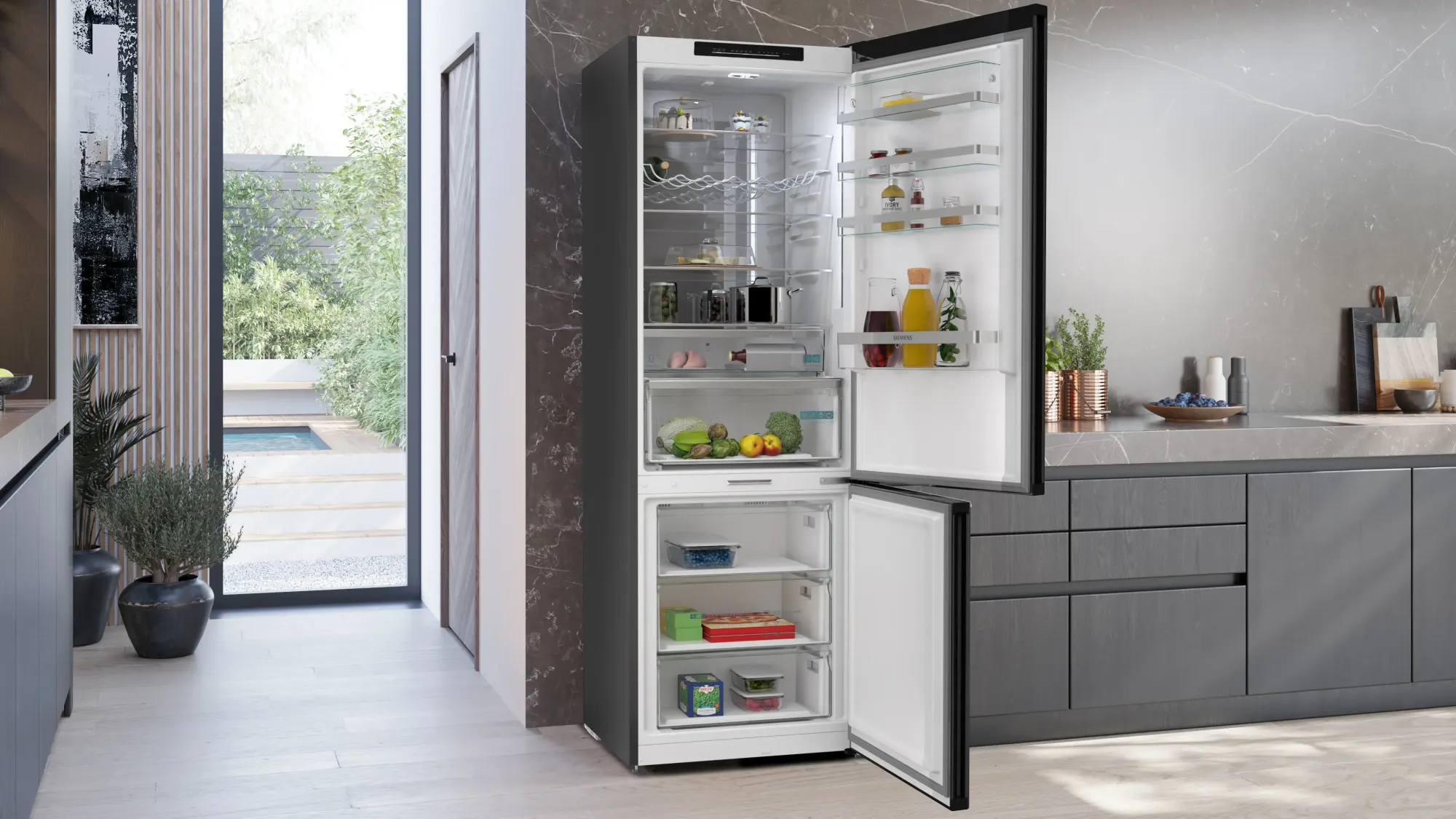 iQ500 Réfrigérateur combiné pose-libre 203 x 70 cm Acier brossé noir anti-traces KG49N4XAF