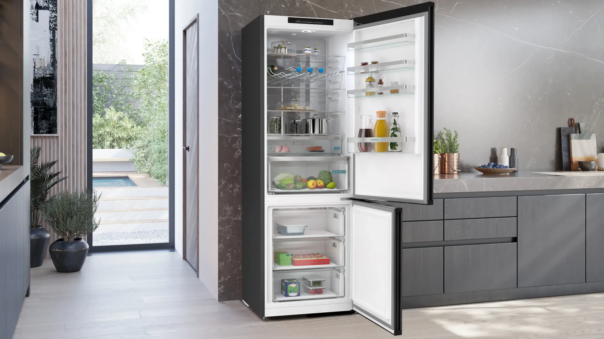 iQ300 Réfrigérateur combiné pose-libre 203 x 70 cm Acier brossé noir anti-traces KG49NVXCG