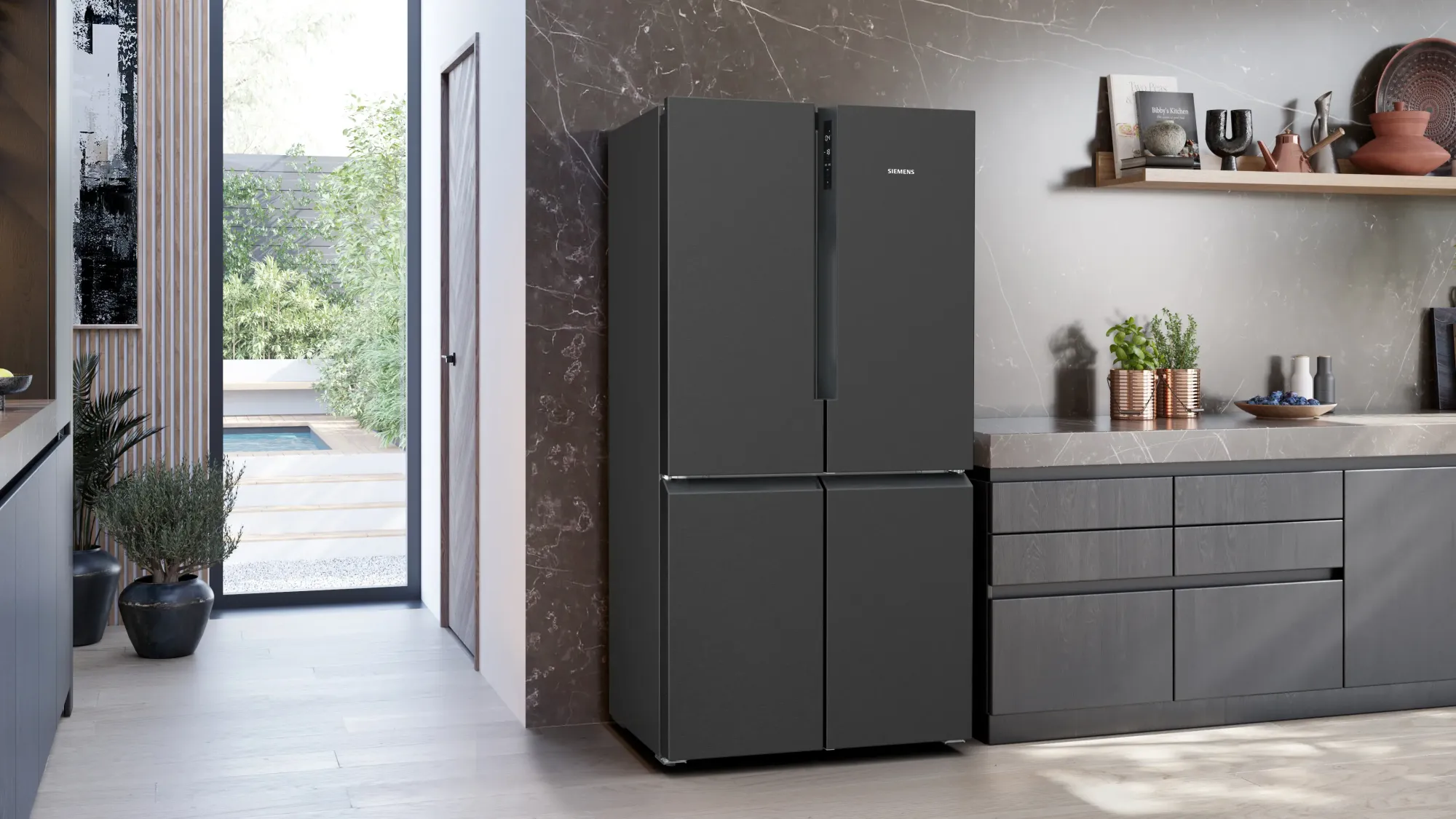 iQ300 Réfrigérateur multi-portes congélateur en bas 183 x 90.5 cm Acier brossé noir anti-traces, Total noFrost KF96NAXEA