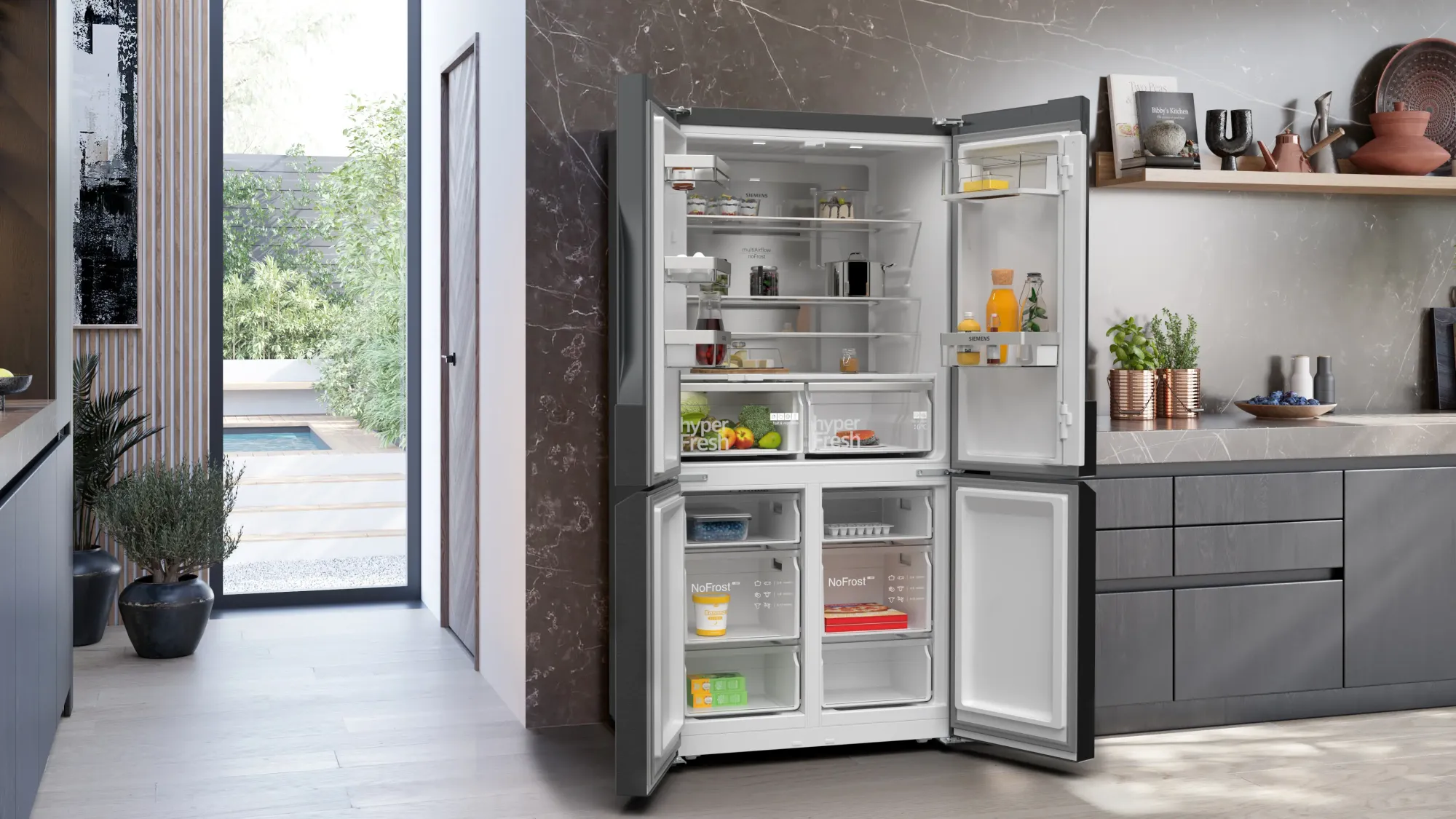 iQ300 Réfrigérateur multi-portes congélateur en bas 183 x 90.5 cm Acier brossé noir anti-traces, Total noFrost KF96NAXEA