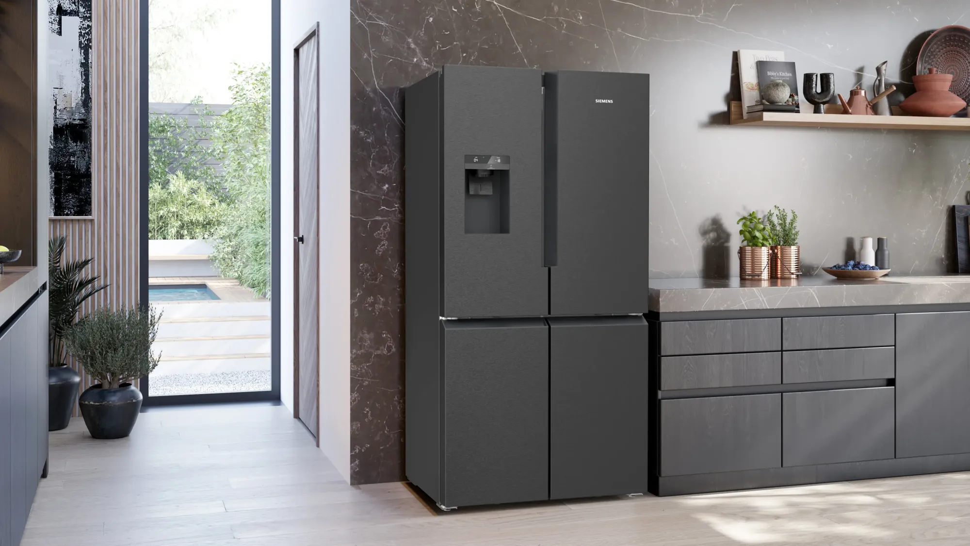 iQ700 Réfrigérateur multi-portes congélateur en bas 183 x 90.5 cm Acier brossé noir anti-traces, Total noFrost KF96DPXEA