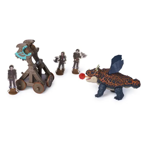 DreamWorks Dragons , Prova di Fuoco, Blazing Battles Catapult Blast Gronckle Playset, Playset con statuetta di drago con 3 statuette di Vichinghi in cartone per bambini dai 4 anni in su