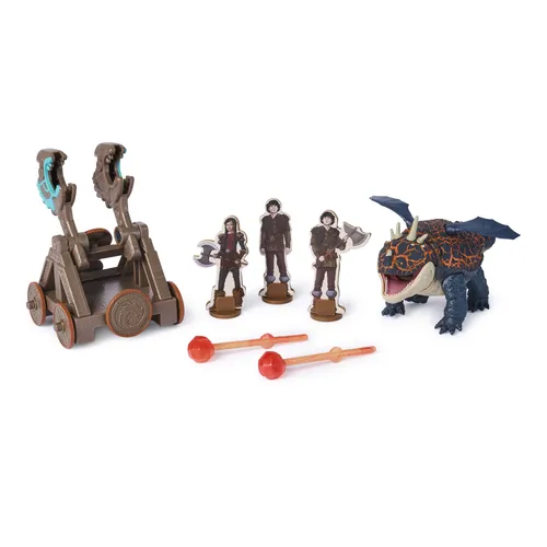 DreamWorks Dragons , Prova di Fuoco, Blazing Battles Catapult Blast Gronckle Playset, Playset con statuetta di drago con 3 statuette di Vichinghi in cartone per bambini dai 4 anni in su