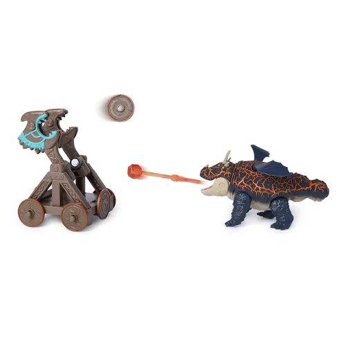 DreamWorks Dragons , Prova di Fuoco, Blazing Battles Catapult Blast Gronckle Playset, Playset con statuetta di drago con 3 statuette di Vichinghi in cartone per bambini dai 4 anni in su