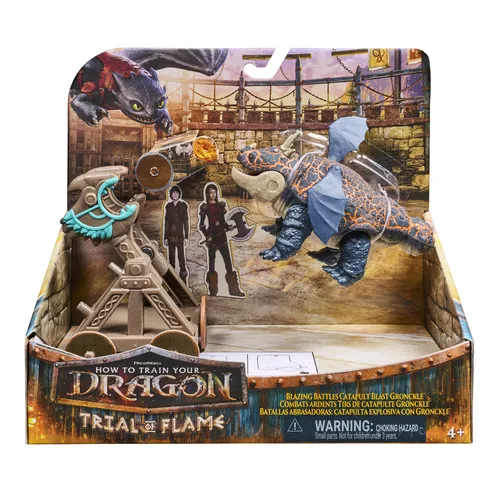 DreamWorks Dragons , Prova di Fuoco, Blazing Battles Catapult Blast Gronckle Playset, Playset con statuetta di drago con 3 statuette di Vichinghi in cartone per bambini dai 4 anni in su