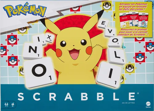 Mattel Games Scrabble Pokémon Board Game, Classic Family Word Game with Two Ways to Play for 2-4 Players, French Edition