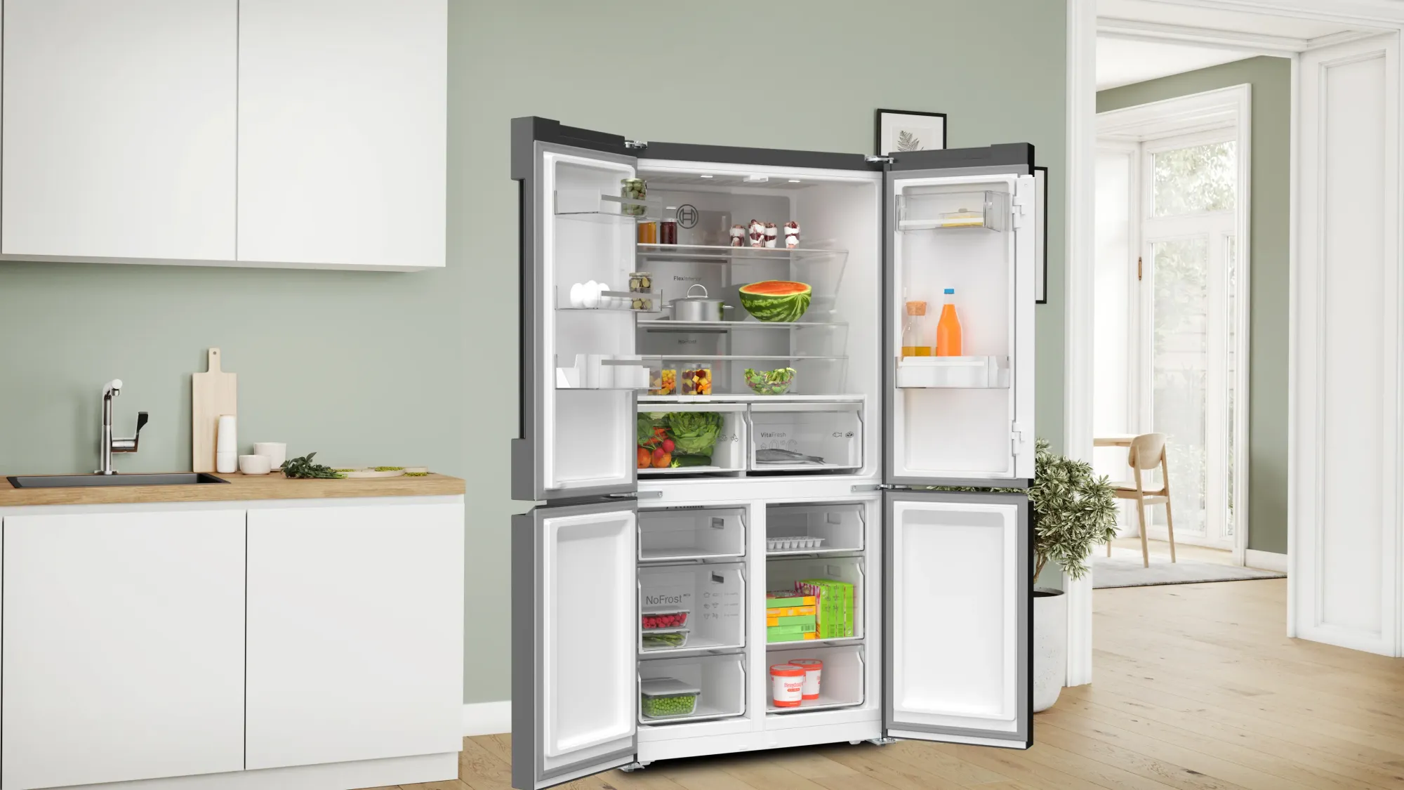 Série 4 Réfrigérateur multi-portes congélateur en bas 183 x 90.5 cm Acier brossé noir anti-traces, Total No Frost KFN96AXEA